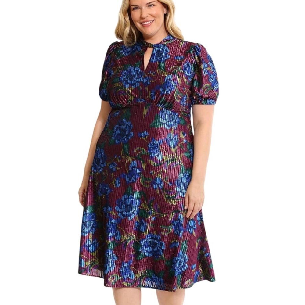 Maggy London Womens Floral Velvet A-Line Midi Dress Purple Size 18W Keyhole Neck